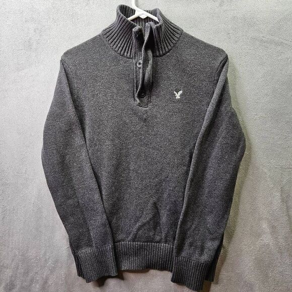 American Eagle Sweater Mens Sz M Gray Knit Athletic Fit 1/4 Zip Button Pullover - Picture 1 of 9